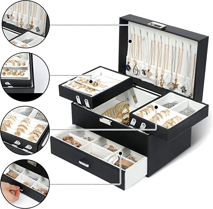 Dajasan Jewelry Box for Women 3 Layers Large Jewelry Organizer with velvet Travel Jewelry Storage Organizer Jewelry Case for Earring, Ring, Necklace, Bracelets