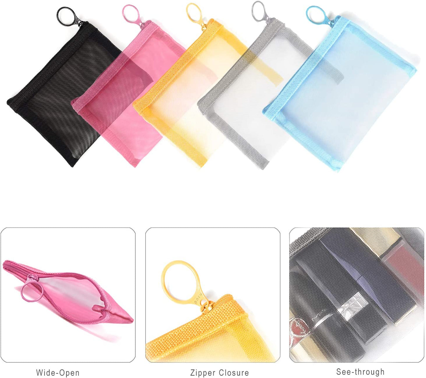 Patu Mini Zipper Mesh Bags, 4" x 5", Size S / A7, 5 Pieces, Beauty Makeup Lipstick Cosmetic Accessories Organizer, Small Travel Kit Storage Pouch