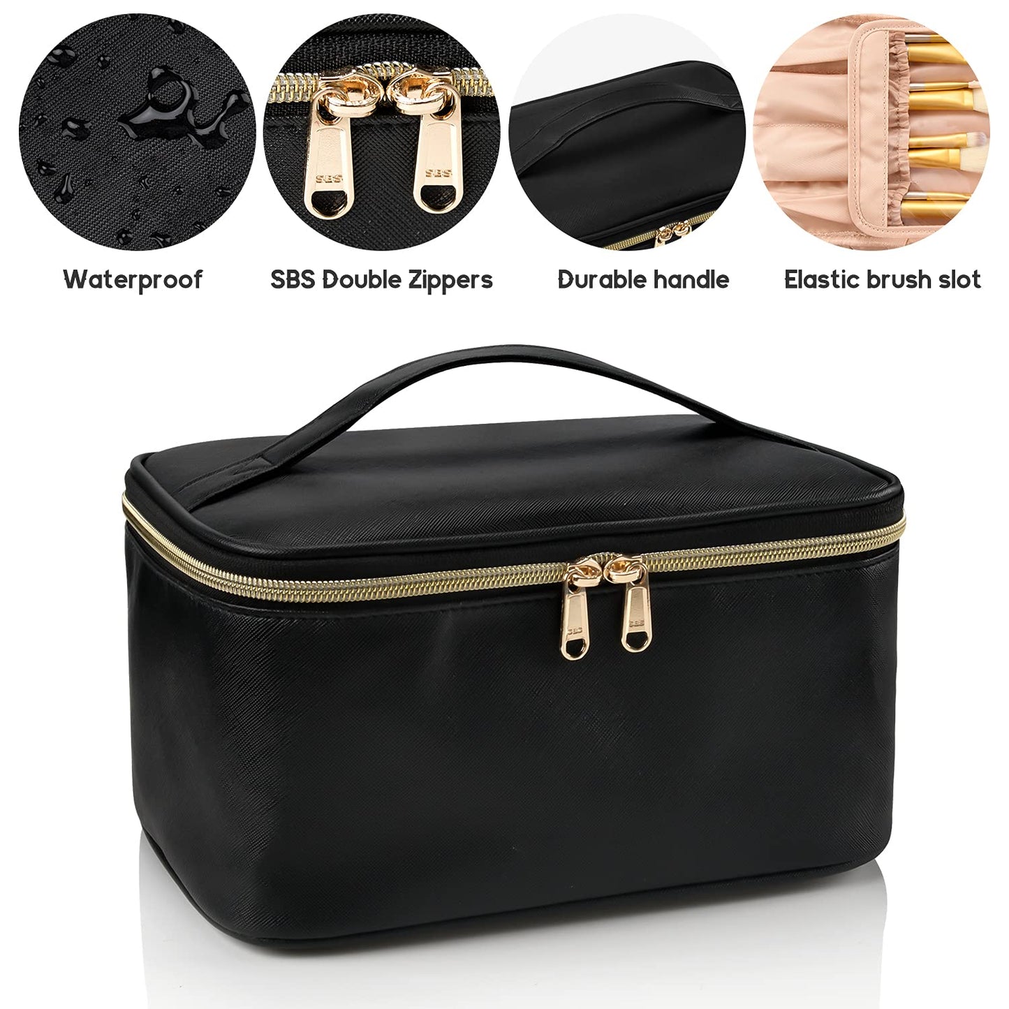 OCHEAL Makeup Bag, Portable Cosmetic Bag, Large Capacity Travel Makeup Case Organizer, Black Makeup Bags For Women Toiletry Bag for Girls Traveling With Handle and Divider