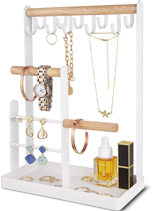 ProCase Jewelry Organizer Stand Necklace Holder, 4-Tier Jewelry Tower Rack with Earring Tray and Holes, 10 Hooks Necklaces Hanging Storage Tree Display for Bracelets Watches Earrings Rings -White