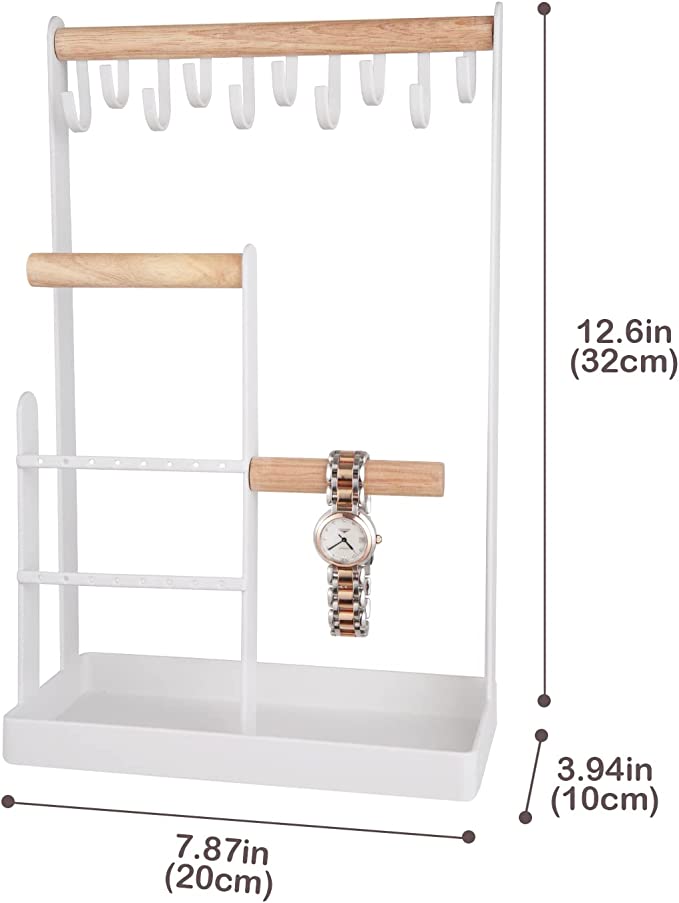 ProCase Jewelry Organizer Stand Necklace Holder, 4-Tier Jewelry Tower Rack with Earring Tray and Holes, 10 Hooks Necklaces Hanging Storage Tree Display for Bracelets Watches Earrings Rings -White